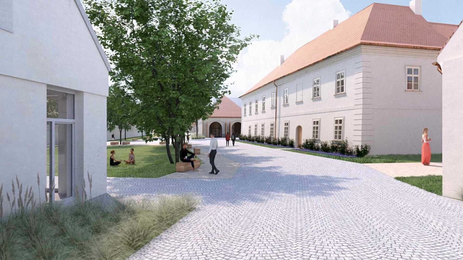Vizualizace nádvoří Brandejsova statku: omítnuté dvoupodlažní křídlo statku s červenou střechou a podloubím naproti nové bílé budově se sedlovou střechou, mezi nimi žulová dlažba, strom, lavičky a lidé sedící na trávě.