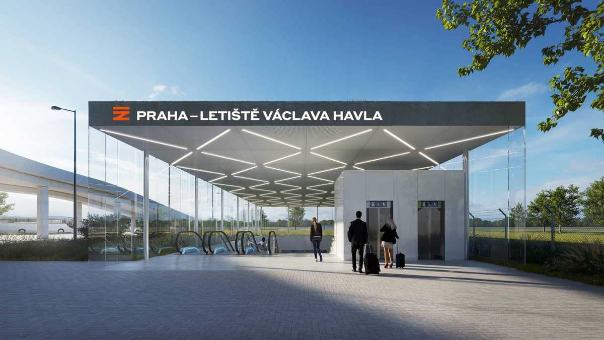 Vizualizace vstupu do stanice Praha – Letiště Václava Havla: plochá tmavá stříška na štíhlých sloupech s bílým názvem stanice, pod ní prosvětlený vzorovaný podhled, eskalátory a dva výtahy klesající na nástupiště, po dlažbě přecházejí cestující s kufry na kolečkách, vlevo se stáčí estakáda.