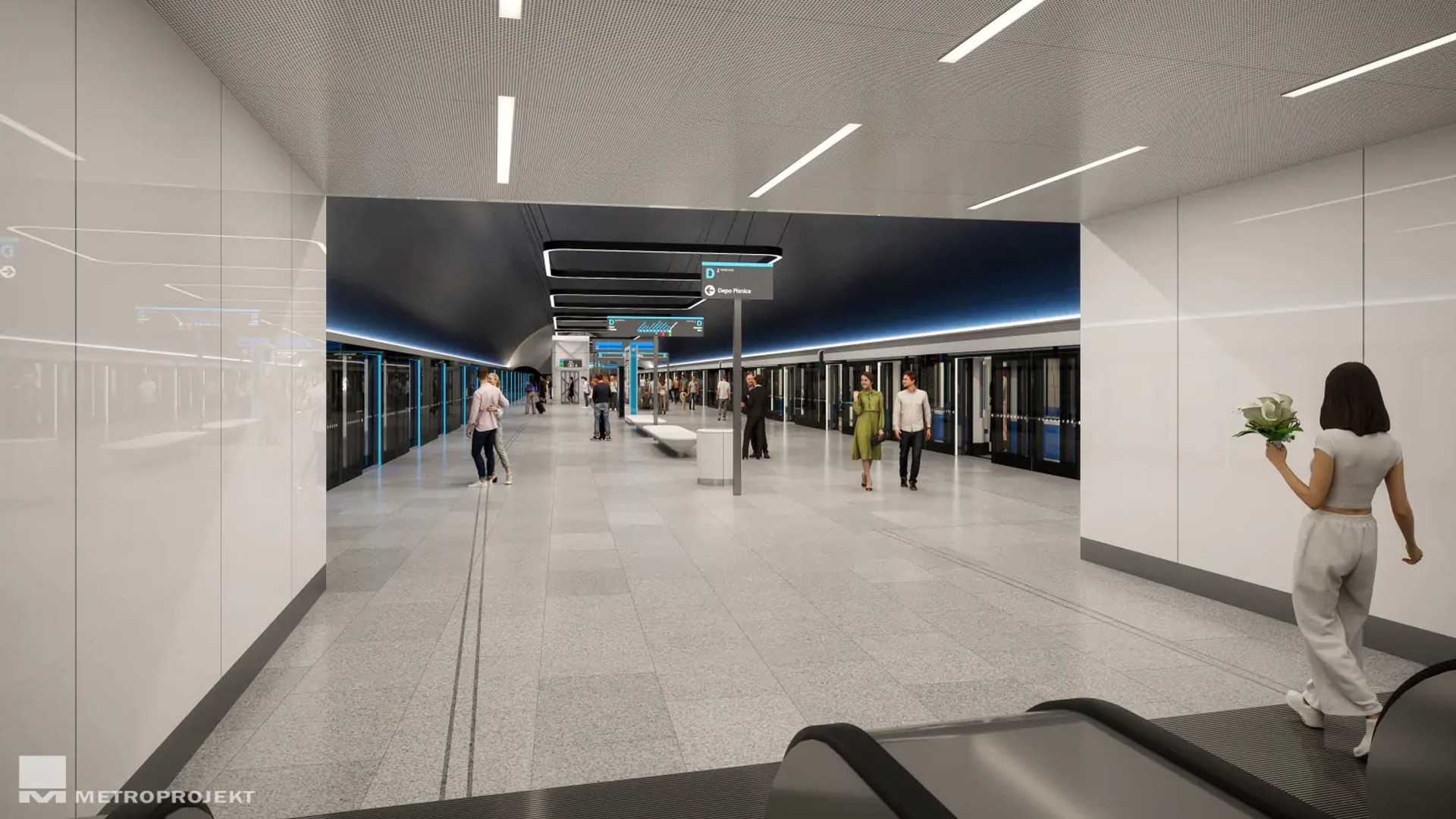 Vizualizace nástupiště stanice Náměstí Míru na metru D: široká hala se žulovou dlažbou pod perforovaným kovovým podhledem s liniemi svítidel, vpravo za nástupištními dveřmi stojící souprava, nad hlavou modře podsvícené značení s nápisem Depo Písnice a v popředí cestující mířící k eskalátoru.