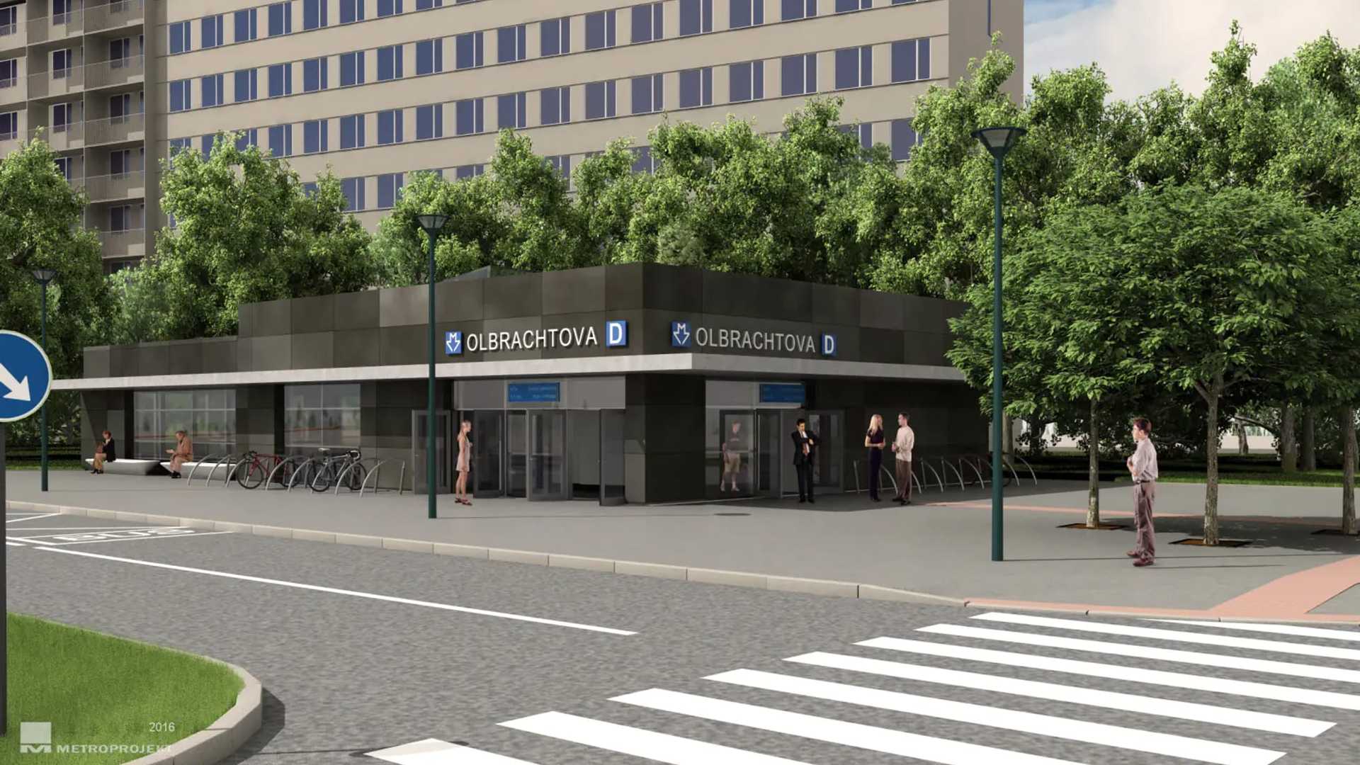 Vizualizace severního vestibulu stanice metra Olbrachtova: nízký tmavě obložený vstupní pavilon s nápisem OLBRACHTOVA a symbolem linky D nad dvojicí prosklených dveří, vedle stojany na kola a lavičky, za nimi panelový dům a vzrostlé stromy.